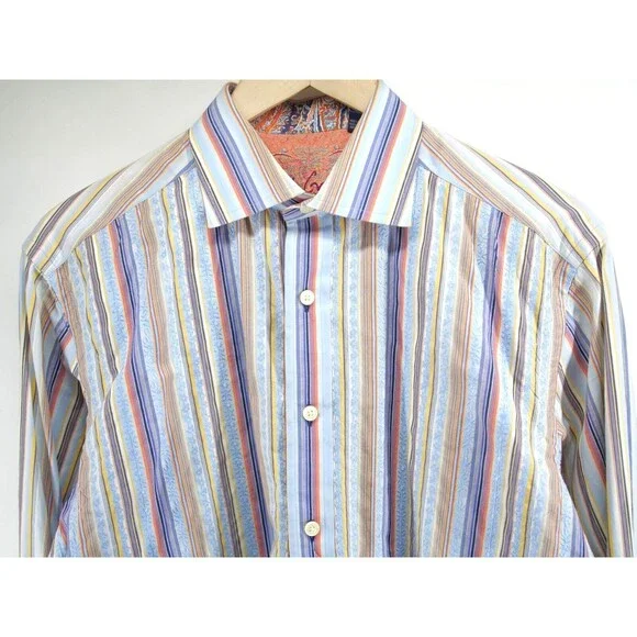 ROBERT GRAHAM Multi Color Stiped Flip Cuff Embroidery Button Down Shirt Medium - Picture 3 of 12